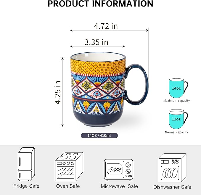 HENXFEN LEAD Coffee Mugs Set 14 Ounce - Multicolor Porcelain Cups for Latte, Hot Tea, Cappuccino, Cocoa, Soup, Dishwasher, Microwave Safe, Christmas Gift Set of 6 - Bohemian Style