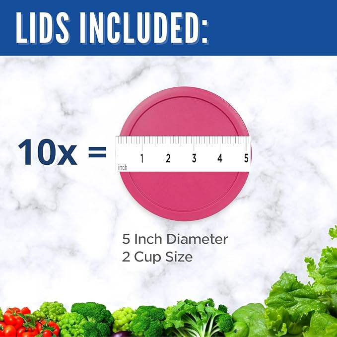 Replacement Lids for Pyrex 2-Cup Glass Food Storage Container Bowls, 5-Inch Plastic Round Lids Covers fits Pyrex 7200-PC, Airtight & Leakproof (10-Pack, Fuchsia)