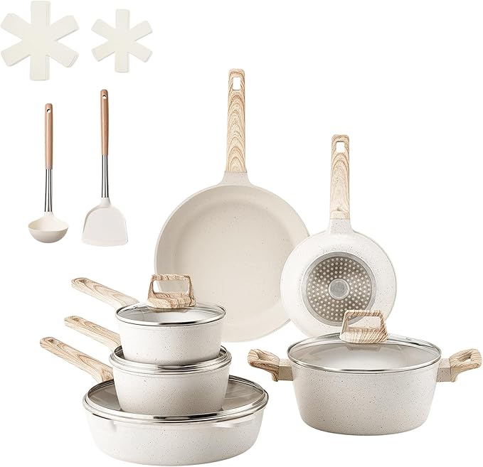 VEVOR 17 Piece Pots and Pans Set, Granite Nonstick Cookware Set, Induction Cookwares, Kitchen RV Cooking Sets with Frying, Sauce, Saute, Tempered Glass Lids, and Pan Protectors, White