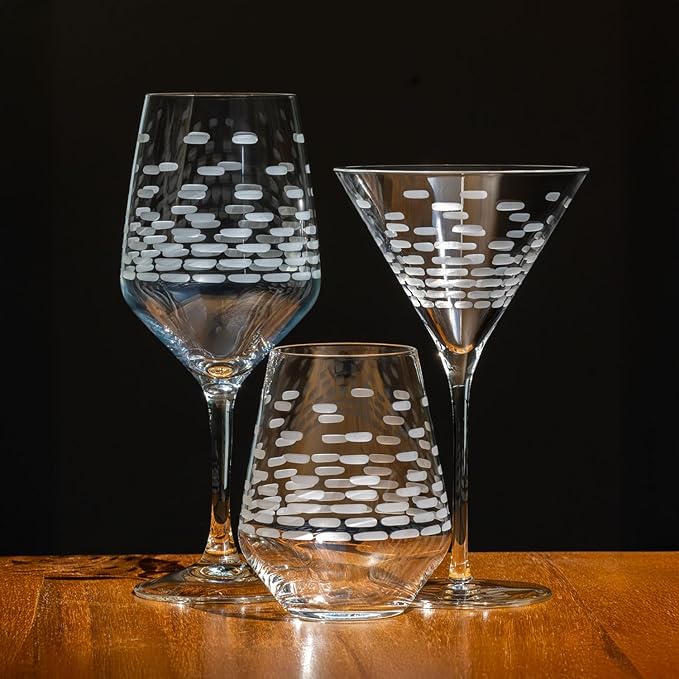 Rolf Glass Strata Stemless Wine Tumbler | Made in America | 18oz Stemless Wine Glass | Diamond Engraved Crystal Glass | Geometric Brick Design | Set of 2