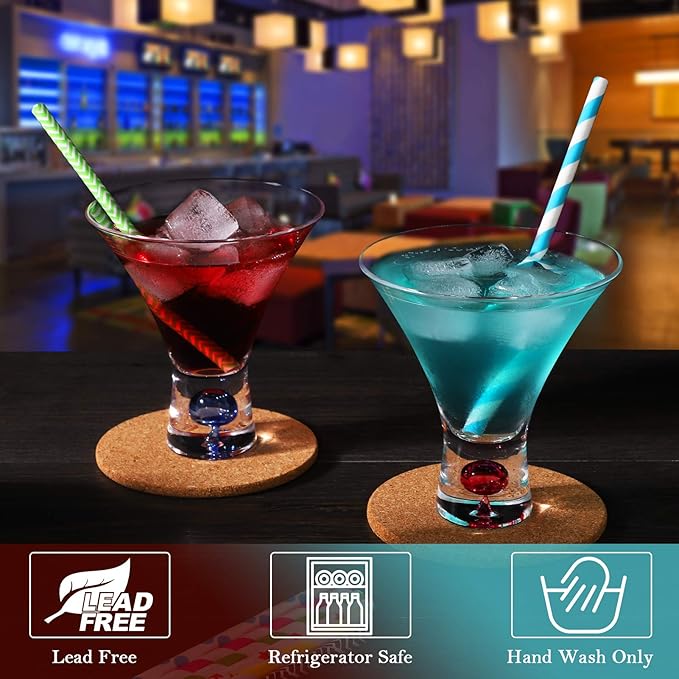 Martini Glasses Set of 4 - Christmas Gift Stemless Crystal Margarita Glasses 6oz Hand Blown Colored Cocktail Glasses Great for Martini, Margarita - Color Will Not Leak Off-Hand Wash Only