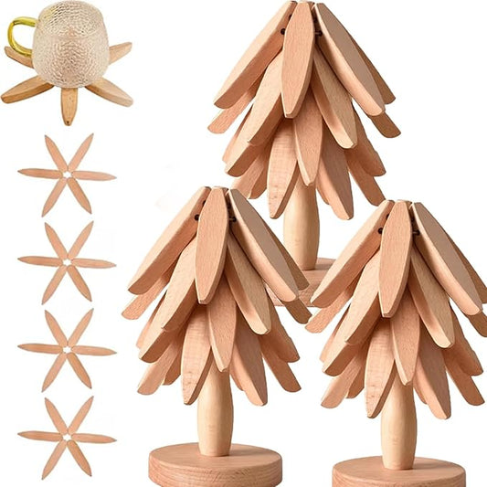 Christmas Tree Trivet Set of 4, Natural Tree Trivet Set - 4 Wooden Trivets & 1 Stand Like a Christmas TRE, Foldable Wood Coasters Heat Resistant Coasters for Hot Pots, Rustic Kitchen(Set b,3pcs)