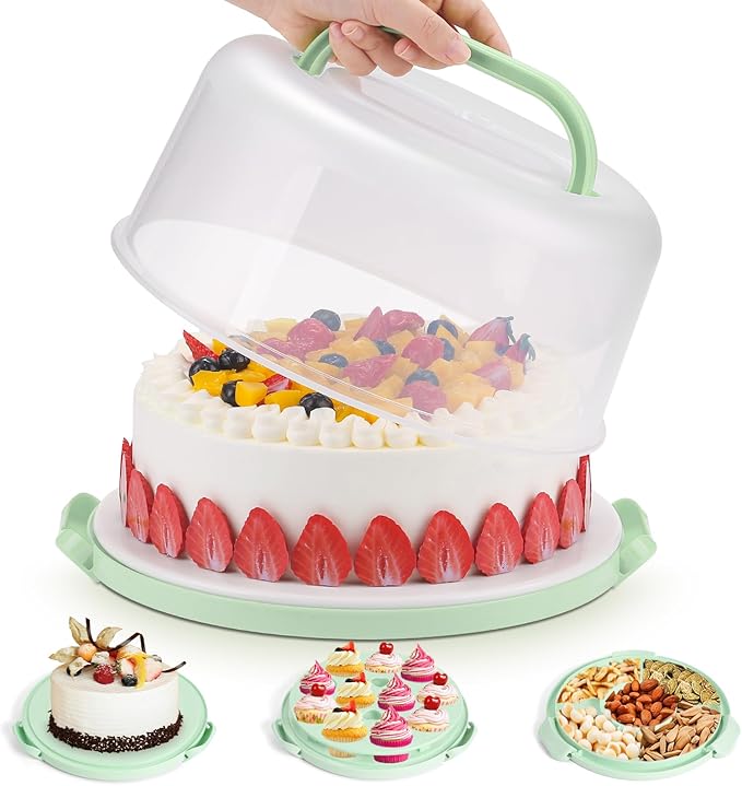 Cake Carrier with Lid and Handle, Cake Stand Cupcake Containers for 10 inch Cake with 2 Handles Cupcake Holder, 3 in 1 Transport Storage Container for Cake Pie Muffin Pizza，Green Round Cake Carriers