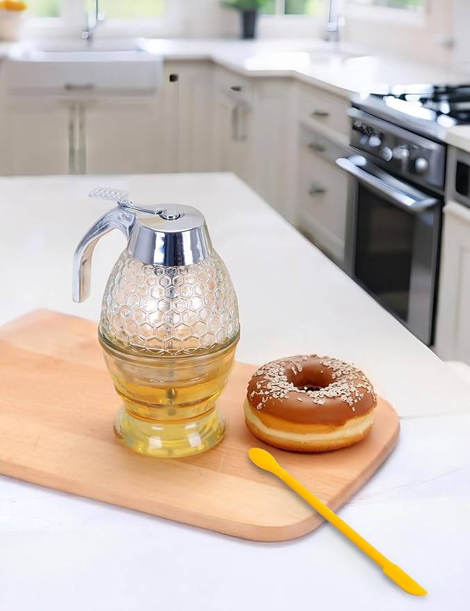 8-Ounce Drip Free Glass Honey Jar, Dispenser, Equipped With a Spoon, Stand,And Honeycomb Decoration Suitable for Maple Syrup, Honeycomb Syrup Server and Bee-themed Storage Tank