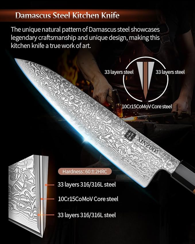 XINZUO 5 Pieces Kitchen Knife Set without Block, Hand Forged 67 Layers Damascus Steel Professional Chef Knife Set,Ultra Sharp,Olive Wood Octagonal Handle