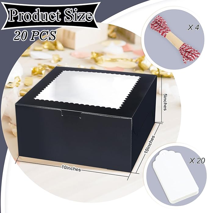 20Pcs 10 Inch Cake Boxes with Window, 10x10x5 Inches Black Bakery Boxes, Cake Carrier Container for Pastries, Pie, Cookies, Chocolates, Cupcakes, Birthday Party, Wedding