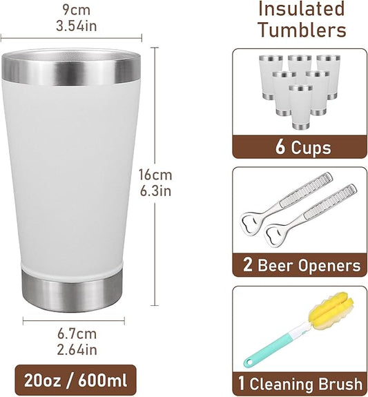 16 oz Insulated Beer Glasses Set of 6, Stacking Beer Pint Glass, Beer Tumbler Outdoor, Stainless Steel Double Walled Cup, White, Ideal for Wine Lover, Coffee, Cocktail