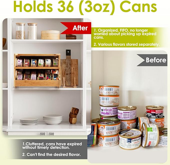 Coanto Upgraded Cat Food Organizer, Cat Food Can Organizer, Can Organizer for Pantry, Cat Food Storage, Bamboo, Holds 36 (3oz) Cans