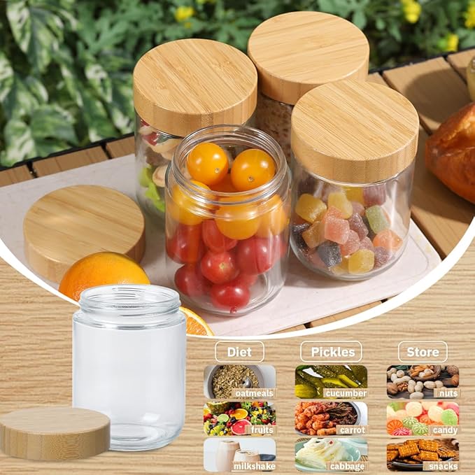 16 OZ Glass Mason Jars with Airtight Lids Wide Mouth Leakproof Pantry Organization Food-Grade Storage Containers for Honey,Salad,Yogurt and Snacks (Wooden Lid-12 Pack)