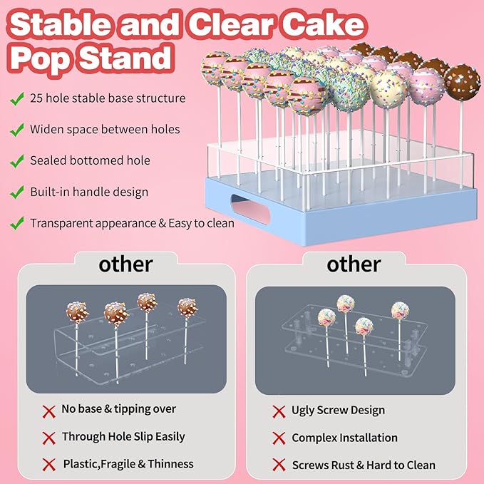 Cake Pop Stand,25 Holes Clear Cake Pops Display Holder,Cake Pop Sticks Kit, Candy Pop Holder,cake pop mold for Party,Wedding,Birthday(Blue,1-Pack)
