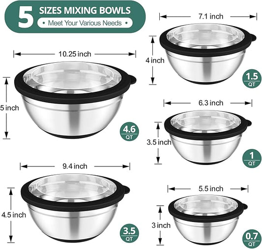 TeamFar Mixing Bowls, 5PCS Stainless Steel Serving Salad Bowls with Lids, For Kitchen Mixing/Baking/Storing/Prepping, Visible & Airtight, Non-Slip Bottom - 4.6/3.5/1.5/1 / 0.7 QT, Black