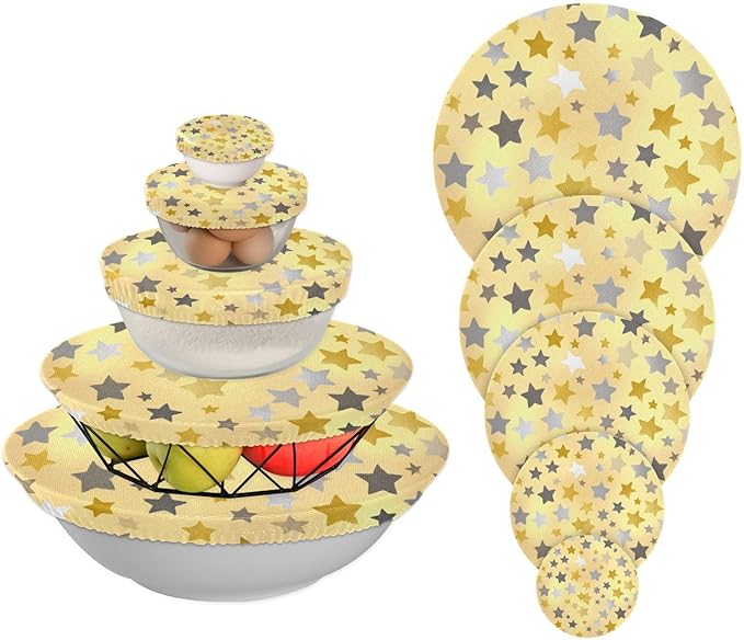 5 Pcs Bowl Covers Reusable in 5 Size Elastic Food Cover Cloth Lids Fresh Keeping Dish Cookware Bakeware Fabric Covers Lids for Food Leftovers Fruits Storage Cute Silver and Golden Stars