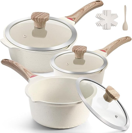 VINCHEF Sauce Pan Set with Lid 10PCS, 3 White Non Stick Cooking Pots Induction pot sets, Saucepan Set with Silicone Tools and Pot Protectors, PFAS and PFOA Free (2QT+3QT+4QT)