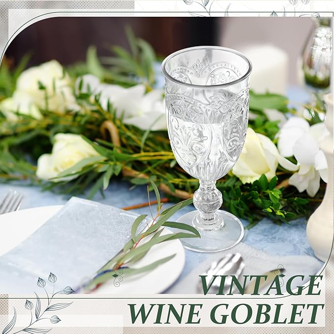 6 Pcs Plastic Goblets 7.5oz Vintage Goblet Plastic Wine Glasses Colored Retro Embossed Water Goblets for Wine Bar Juice Baby Shower Wedding Reception Grand Event Party (Clear)