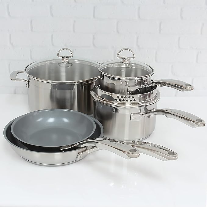 Chantal Induction 21 Steel 8 Piece Cookware Set with Ceramic Coated Fry Pans, 8 pc Set