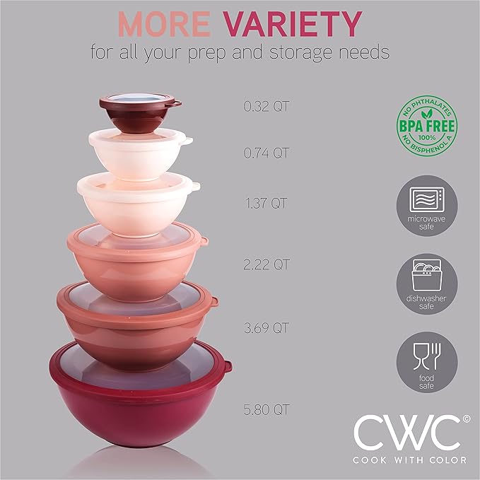 COOK WITH COLOR Mixing Bowls with TPR Lids - 12 Piece Plastic Nesting Bowls Set includes 6 Prep Bowls and 6 Lids, Microwave Safe (Rose)