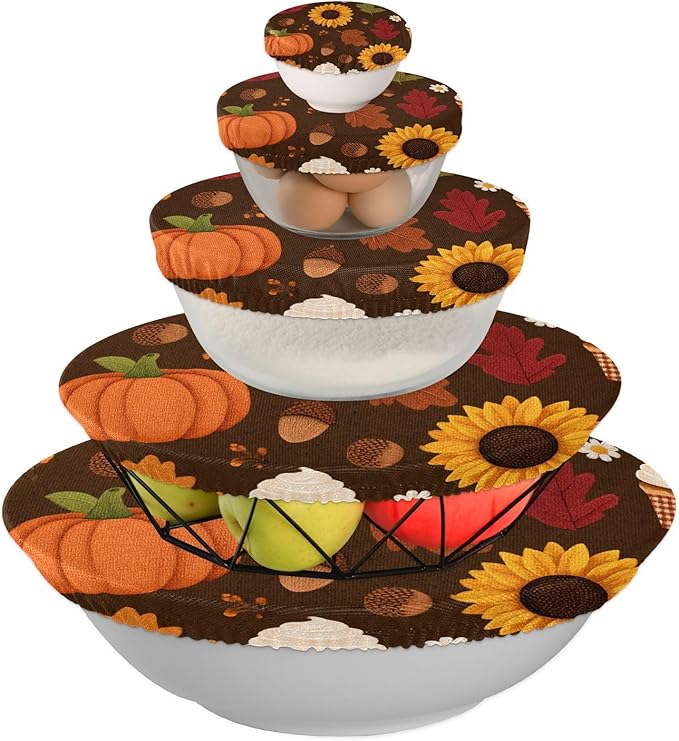 5 Pcs Bowl Covers Reusable in 5 Size Elastic Food Cover Cloth Lids Fresh Keeping Dish Cookware Bakeware Fabric Covers Lids for Food Leftovers Fruits Storage Sunflowers Maple Leaves Pumpkins