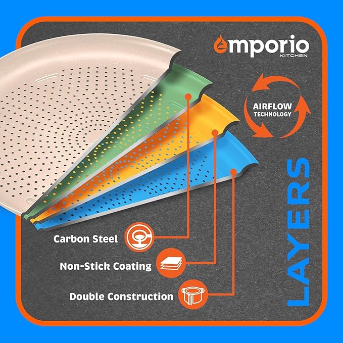 Non-Stick Pizza Pan 2 Pack – 16 Inch Round Carbon Steel Pizza Tray with Perforated Holes, PFOAPFOSPTFE-Free, Dishwasher & Oven Safe Up To 450°F, Durable Nonstick White Marble Coating