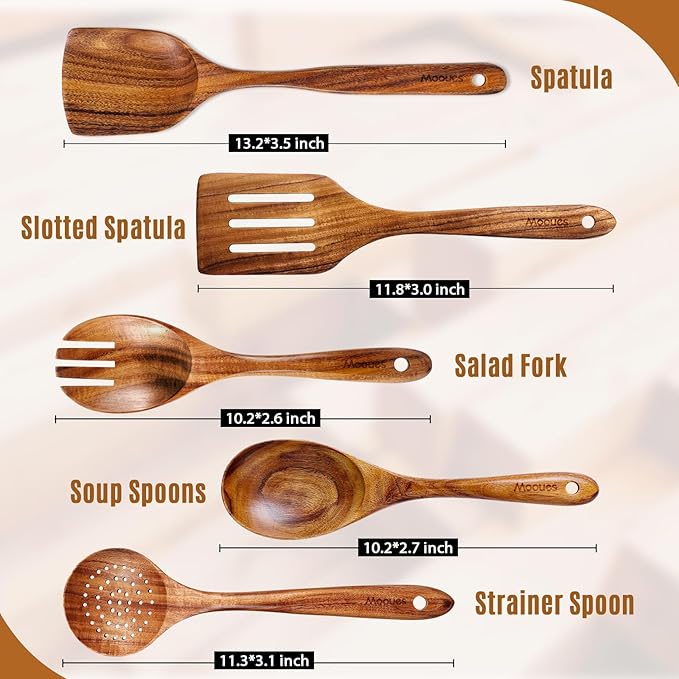 Wooden Spoons for Cooking, 5 Pcs Wooden Utensils for Cooking Natural Teak Wooden Kitchen Utensils Set