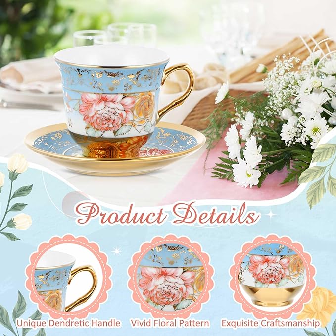 Set of 18 Tea Cups and Saucers Tea Party Decorations Floral Porcelain 5.4 oz British Gift for Women Birthday Party, Church, and Mother's Day (Classic Style,5.4 oz)