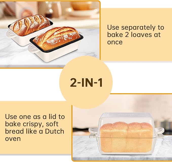 9x5 Enameled Cast Iron Loaf Pan with Lid - 2 in 1 Bread Pan for Baking Homemade Sourdough
