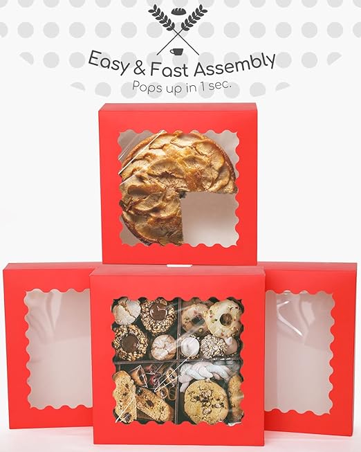 qiqee Auto-pop up Red Pie Boxes with Window 10x10x2.5 inch 30Packs Cookie Donut Bakery Box
