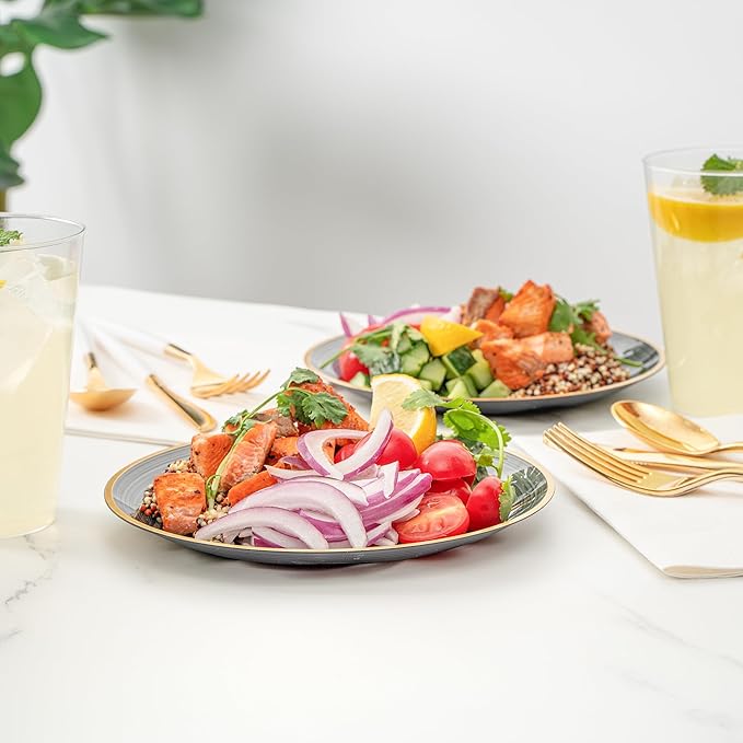 Restaurantware Plastic Plates 20 Pcs 7.25" Gold Rimmed Disposable Plates Heavy-Duty Black Translucent Rippled Plastic Dinner Servers for Party, Weddings, Salads, Desserts, and Appetizers