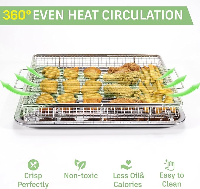 Air Fryer Basket for Full Size Oven,2 PCS-Set,Sturdy Basket & Baking Crisper Tray Pan for Easy Cleaning and Crispy Results,Stainless Steel Air Fryer Accessories,with one Removable Handle,15''×11''