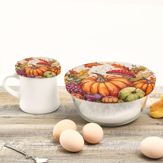 5 Pcs Bowl Covers Reusable in 5 Size Elastic Food Cover Cloth Lids Fresh Keeping Dish Cookware Bakeware Fabric Covers Lids for Food Leftovers Fruits Storage Fall Harvest Pumpkins Mushroom O