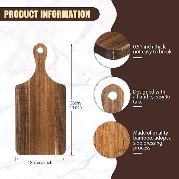 6 Pcs Cutting Board Bulk Kitchen Thicken Chopping Platter with Handles Wooden Charcuterie Serving Trays Blank Wood Boards for Engraving Wedding Housewarming(Acacia Wood,11 x 5 Inch)