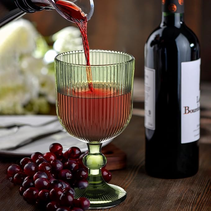 Green Vintage Wine Glasses Set of 6, 11 Ounces Colored Glass Water Goblets, Unique Embossed Pattern High Clear Stemmed Glassware Wedding Party Bar Glass Drinking Cups Fancy Glasses Vertical Line