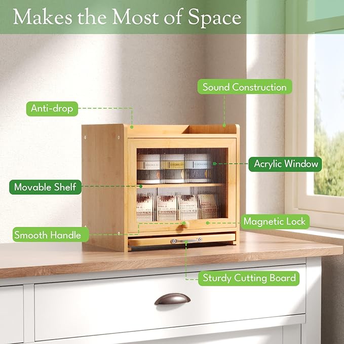 Bamboo Bread Box for Kitchen Countertop, Double Layer Kitchen Counter Organizers and Storage for Fruits, Tea, Spices, Coffee, Vintage Bread Bin Container with Cutting Board, Natural