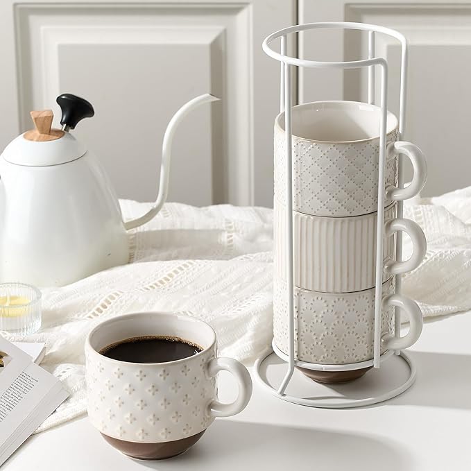 Large Ceramic Coffee Mug Set of 4 with Stand, 15 Oz Stackable Different Embossment Ribbed Latte Cup Set for Cappuccino, Tea, Hot Cocoa, Drinks - Dishwasher & Microwave Safe, Off White