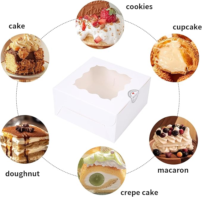 36 pcs 6x6x3 Inches Small Cake Box with Window, Bakery Pastry Cookie Boxes, Mini Pie for Pastry,Dessert,Strawberries,Chocolates, Cupcakes with paper stickers (white)