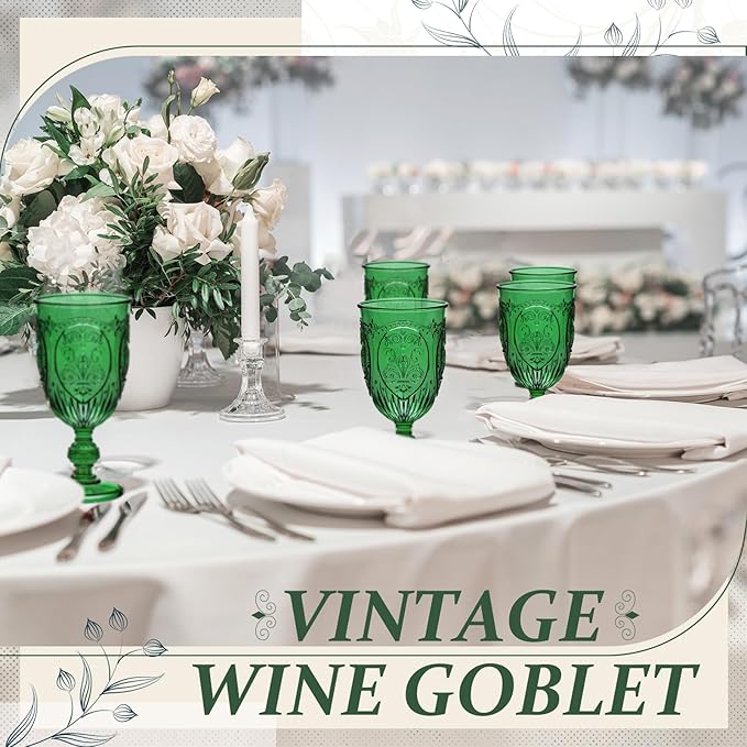 6 Pcs Plastic Goblets 7.5oz Vintage Goblet Plastic Wine Glasses Colored Retro Embossed Water Goblets for Wine Bar Juice Baby Shower Wedding Reception Grand Event Party (Dark Green)