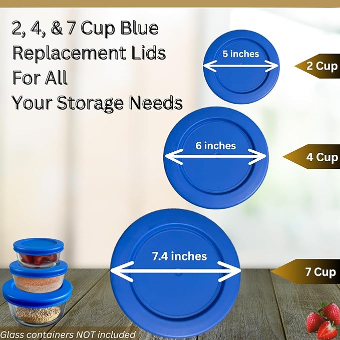 2, 4 & 7 Cup Blue Replacement Lids/Covers for Pyrex, Anchor Hocking & KlareWare Storage Bowls *Lids Only Glass Container Not Included* (3 Pack *One of Each Size*)