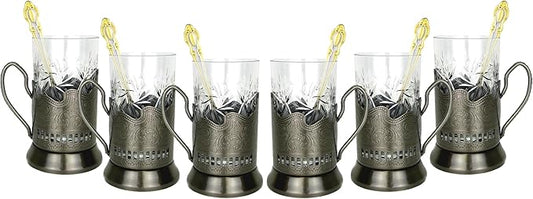 WORLD GIFTS 18 Piece Russian Tea Set Crystal Tempered Hot Tea Glasses with Metal Glass Holders Podstakannik w/Teaspoon - Vintage Design Drinkware