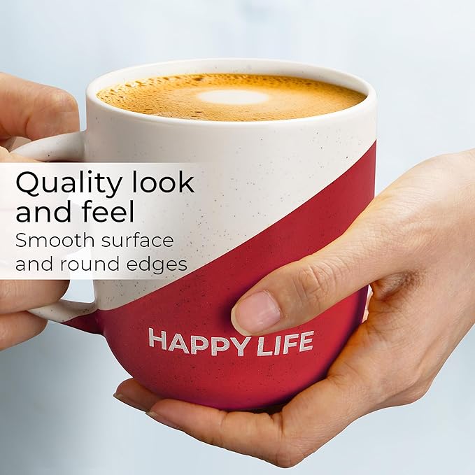 MIAMIO - Coffee Mug Set of 4 x 10 oz/Inspirational Coffee Cups with Sayings/Gifts for Wife, Husband, Women, Men, Family, Friends/Microwave and Dishwasher Safe (Happy Life)