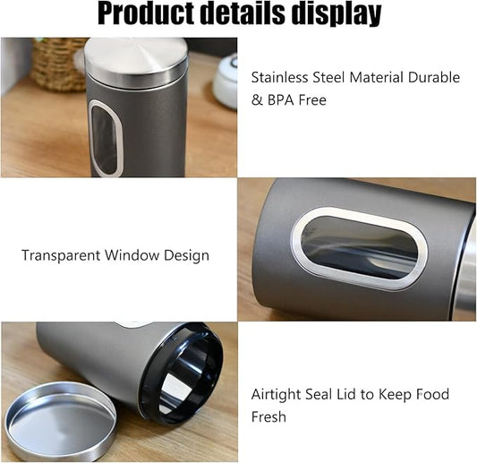 Canisters Sets for the Kitchen, 3pcs Sugar Flour Tea Coffee Storage Jars Stainless Steel Food Container Organizer for Kitchen Counter with Transparent Window (grey)