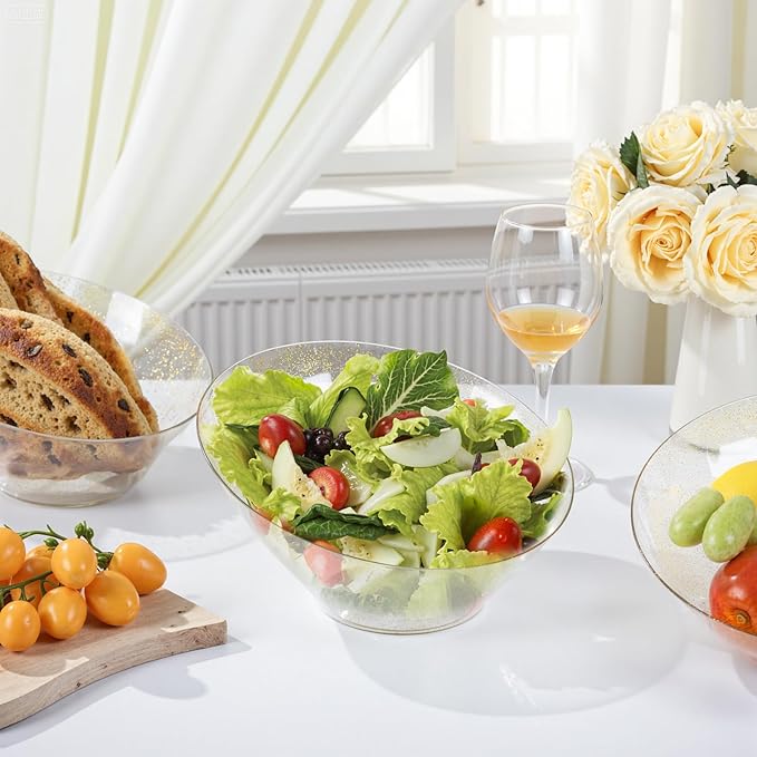 bUCLA 12 Pack Gold Glitter Plastic Serving Bowls - 54 OZ Angled Serving Bowls Disposable for Chip,Candy, Snack,Salad & Fruit - Ideal for Party, Wedding & Thanksgiving