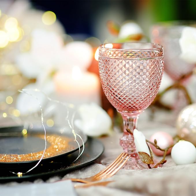 Bokon 6 Pack Pink Glass Goblets Set 10 oz High Clear Wine Glass Vintage Water Goblets Cups Embossed Diamond Design Glassware with Stem for Drinking Juice Liquor Party Wedding Bar