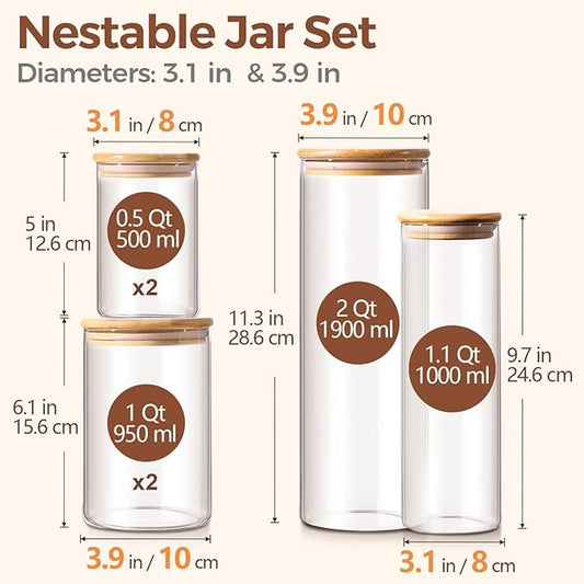 ComSaf Glass Food Storage Jars Set of 6, Clear Glass Storage Containers with Lids, Canisters Sets for the kitchen, Spaghetti, Pasta, Flour, Nuts, Oat, Coffee and Sugar Container, Pantry Organization