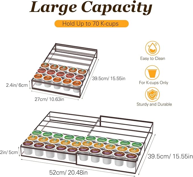 Coffee Pod Holder Drawer, Expandable K Cup Holder Compatible with Keurig K-Cup, K Cup Drawer Organizer Hold 35-70 Coffee Pod Storage for Coffee Station Office and Kitchen, Bronze