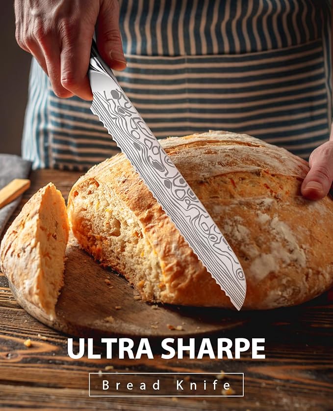 MOSFiATA Bread Knife 8” Ultra Sharp Serrated Knife, German High Carbon Stainless Steel EN1.4116 Bread Slicer with Bread Lame, Micarta Handle, For Bread, Cake, Bagels