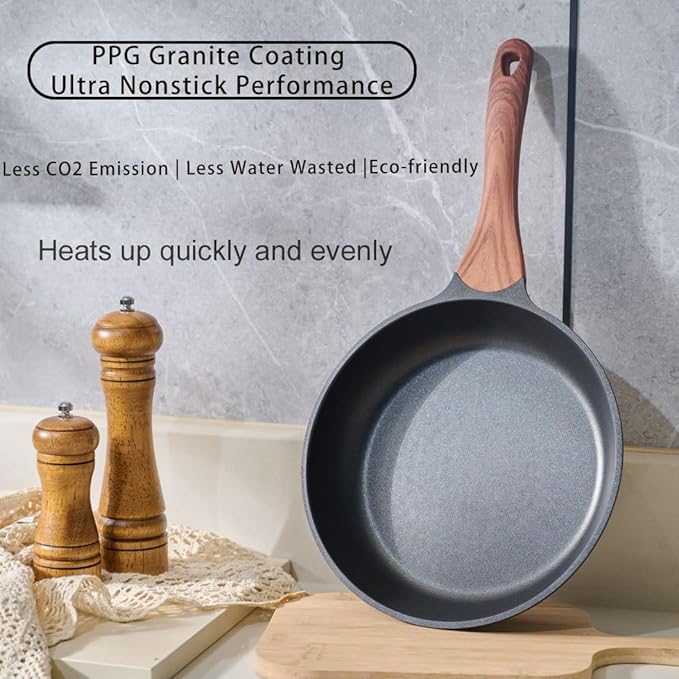 3-Piece Granite Non-Stick Cookware Set - 9.5" Frying Pan, Skillet, 7" Sauce Pan with Lid - PFOA Free