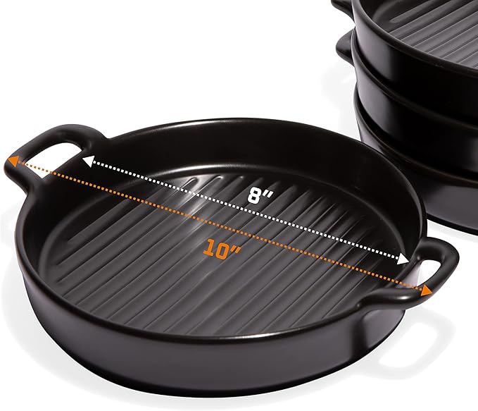 Bruntmor 10" X 6" Black Porcelain Set of 4 Serving Platters. Amazing lasagna pan with handle, Matte Glaze Baking Dish Dinner Plates, Oven Safe Serving Dishes, Round (Matte Glaze)