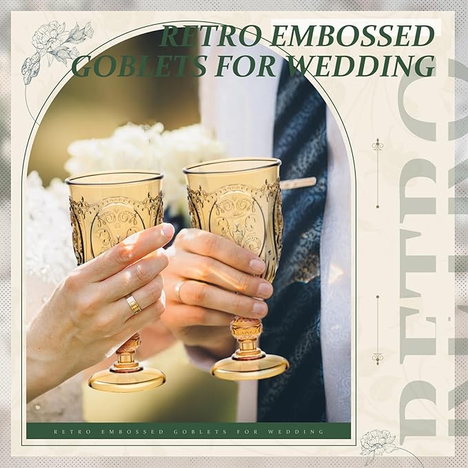 24 Pcs Plastic Goblets 7.5oz Vintage Goblet Plastic Wine Glasses Colored Retro Embossed Water Goblets for Wine Bar Juice Baby Shower Wedding Reception Grand Event Party (Amber)