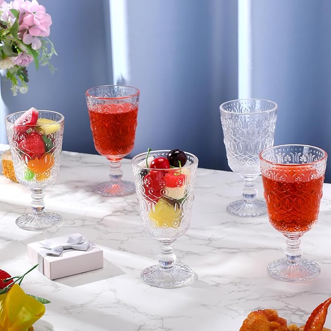 Eaasty Wine Glasses Set of 12 Vintage Goblet 9 oz Vintage Colored Glass Goblet Beverage Stemmed Glass Cups Romantic Embossed Glassware for Wedding Party Holidays Anniversary (Clear)