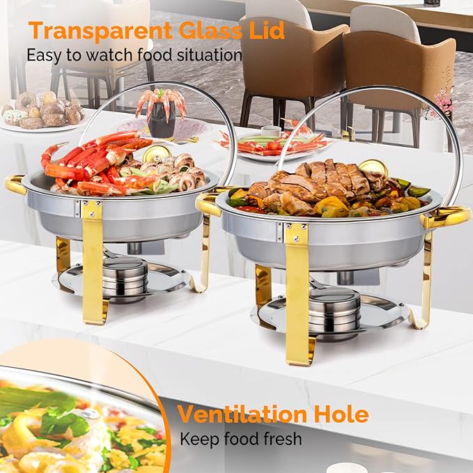 ROVSUN 5QT 2 Packs Chafing Dish Buffet Set Gold Accent, NSF Round Stainless Steel Buffet Warmer Chafers and Buffet Warmers Sets with Glass Lid & Lid Holder for Catering Events Parties Weddings Dinners