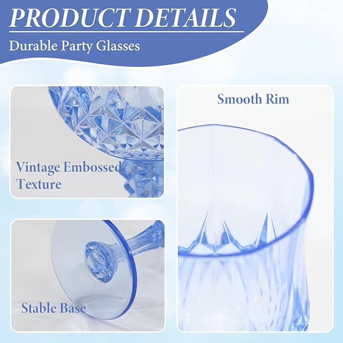 Blue Plastic Wine Glasses Set of 12 – 7oz Unbreakable Vintage Drinking Glasses for Parties Reusable & Dishwasher-Safe for Weddings, Bars, and Every Celebration